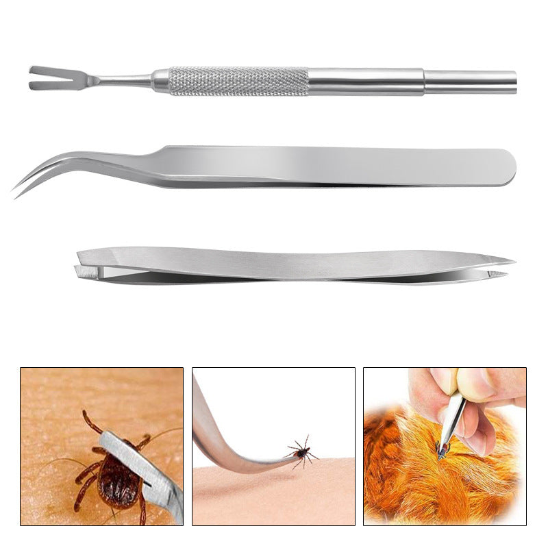 Stainless Steel Tick Clip Pet Dog Louse Clip 3-piece Set Cat Flea Tweezers Bug Catching Grate Clip Tool